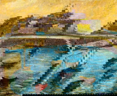 Hildegarde Hamilton (FL,VA,1898-1970) oil painting: ARTIST: Hildegarde Hume Hamilton (Florida, Virginia, 1898 - 1970) TITLE: Harbor Scene MEDIUM: oil on canvas CONDITION: Unstretched (In-House stretching available). Some scratches/paint losses (see