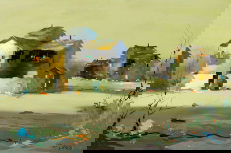 F Demba (Europe,20C) oil painting: ARTIST: F Demba (European, 20 century) TITLE: Town Scene MEDIUM: oil on canvas CONDITION: Unstretched (In-House stretching available). Some paint losses in the lower right quadrant. Some craquelure.
