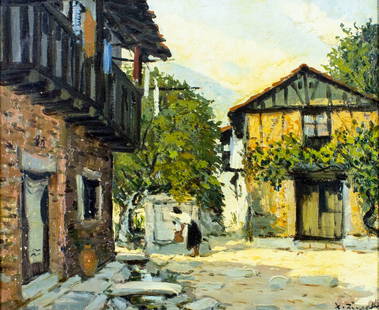 Jose Rivas Lara (Argentina,1923-2003) oil painting: ARTIST: Jose Rivas Lara (Argentinean, 1923 - 2003) TITLE: Town Scene YEAR: circa 1966 MEDIUM: oil on canvas CONDITION: Some paint losses (see pictures carefully). Some craquelure. Some scattered