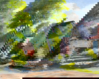 George Holloway (NJ,20C) oil painting: ARTIST: George Holloway (New Jersey, 20 century) TITLE: Town Landscape MEDIUM: oil on canvas board CONDITION: Overall good. No visible inpaint under UV light. ART
