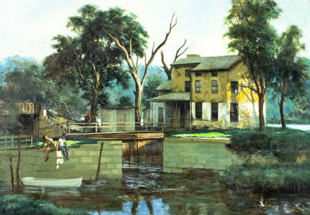 Lucius Crowell Jr (NY,IL,1911-1988) oil painting: ARTIST: Lucius A Crowell Jr (New York, Illinois, 1911 - 1988) TITLE: Town Scene MEDIUM: oil on canvas CONDITION: One small patch. Some paint losses. Some craquelure. No vi