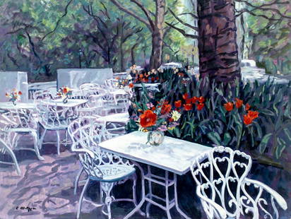 Evelyn Metzger (NY,Brazil,1911-2007) oil painting: ARTIST: Evelyn Borchard Metzger (New York, Brazilian, 1911 - 2007) TITLE: Outdoor Cafe Scene MEDIUM: oil on board CONDITION: Some small damages to the right corners. Few v