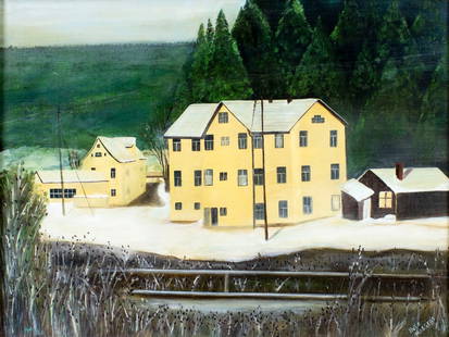Ruth Maestas (US,20C) oil painting: ARTIST: Ruth Maestas (American, 20 century) TITLE: Winter Town Scene MEDIUM: oil on canvas board CONDITION: One minor scratch by the left edge. No visible inpaint under UV l