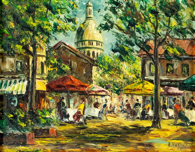 A Valentin (US,mid 20C) oil painting: ARTIST: A Valentin (American, mid 20 century) TITLE: Paris Street Cafe Scene, France MEDIUM: oil on canvas board CONDITION: Few small paint losses mostly in the upper left q