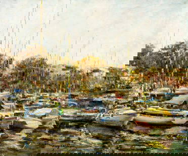 Denys Rubio (Europe,20C) oil painting: ARTIST: Denys Rubio (European, 20 century) TITLE: Harbor Scene with Boats MEDIUM: oil on canvas CONDITION: Unstretched (In-House stretching available). Missing a few flakes