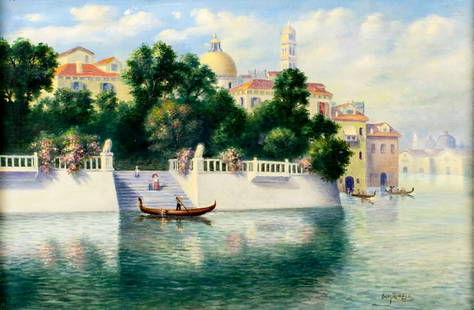 Orson Randall (US,early 20C) oil painting antique: ARTIST: Orson Randall (American, early 20 century) TITLE: Venice Cityscape with Gondolas, Italy MEDIUM: oil on canvas CONDITION: One small repaired tear with corresponding i