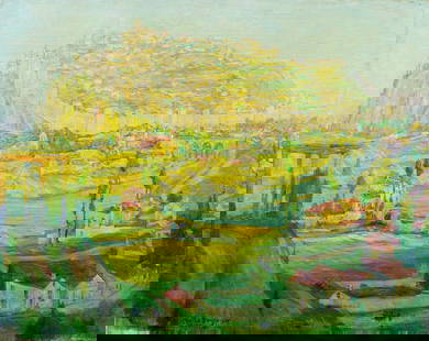 Carl Brandien (NY,1886-1965) oil painting: ARTIST: Carl William Brandien (New York, 1886 - 1965) TITLE: Avila Cityscape, Spain MEDIUM: oil on canvas CONDITION: Minor paint losses. Some scattered inpaintings. Normal