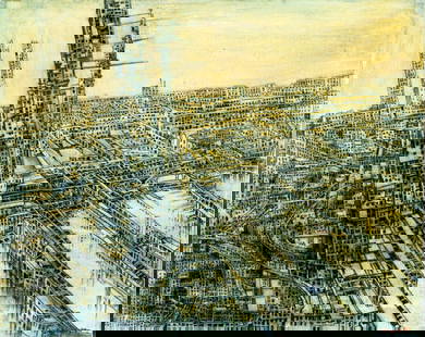George Dergalis (MA,Greece,1928-?) tempera painting: ARTIST: George Dergalis (Massachusetts, Greek, 1928 - ???) TITLE: Cityscape YEAR: 1978 MEDIUM: tempera on canvas CONDITION: Few small scratches/paint l