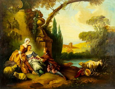 Antique 19C European oil painting: ARTIST: - (Europe, 19 century) TITLE: Courting Scene MEDIUM: oil on canvas. Canvas applied to board. CONDITION: Minor scratches/paint losses. Some craquelure. Some scatter