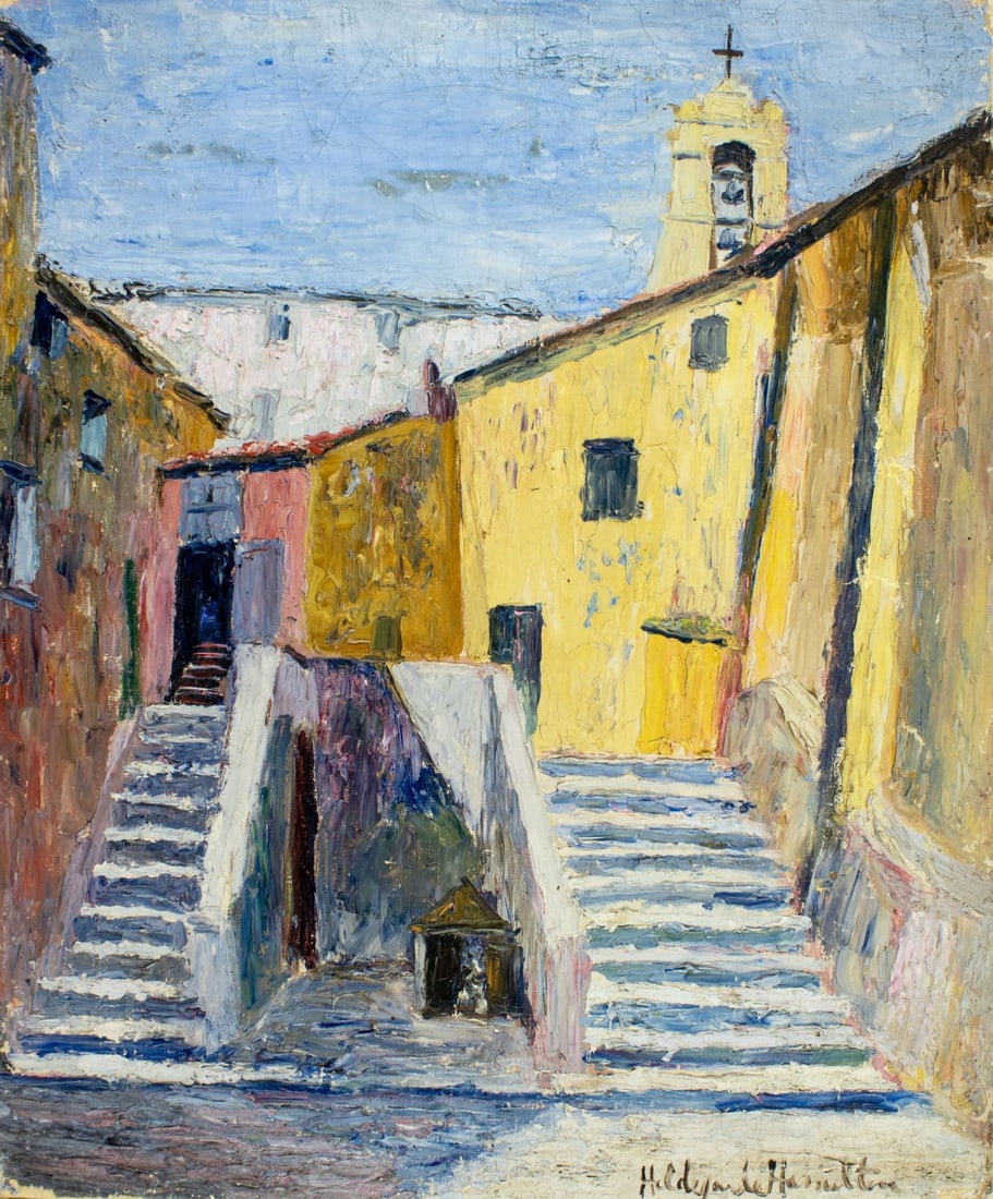 Hildegarde Hamilton (FL,VA,1898-1970) oil painting: ARTIST: Hildegarde Hume Hamilton (Florida, Virginia, 1898 - 1970) TITLE: Cityscape MEDIUM: oil on canvas CONDITION: Some scratches/paint losses. Some craquelure. No visibl