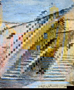Hildegarde Hamilton (FL,VA,1898-1970) oil painting: ARTIST: Hildegarde Hume Hamilton (Florida, Virginia, 1898 - 1970) TITLE: Cityscape MEDIUM: oil on canvas CONDITION: Some scratches/paint losses. Some craquelure. No visibl
