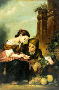 G Mariani (Italy,20C) oil painting: ARTIST: G Mariani (Italian, 20 century) TITLE: Girls Eating Grapes MEDIUM: oil on canvas CONDITION: One small patch. Minor paint losses. No visible inpaint under UV light. N