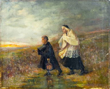 Antique early 20C American oil painting signed: ARTIST: - (American, early 20 century) TITLE: Clergymen MEDIUM: oil on canvas CONDITION: Small paint losses. Some craquelure. Some scattered inpaintings. Normal wear along