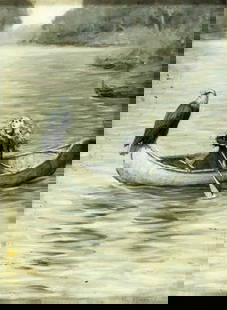 Ida Waugh (PA,c.1846-1919) oil painting antique: ARTIST: Ida Waugh (Pennsylvania, c.1846 - 1919) TITLE: Woman in Canoe MEDIUM: oil on board CONDITION: Some varnish marks along the left edge. Minor paint losses. Some craq