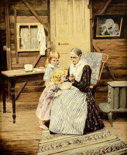 Antique 19C American oil painting: ARTIST: - (American, 19 century) TITLE: Grandmother Feeding Children MEDIUM: oil on canvas CONDITION: Relined. Minor paint losses. Some scattered inpaintings. Some damages