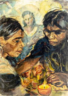 Sydney Stern (FL,1890-1989) oil painting: ARTIST: Sydney Seymore Stern (Florida, 1890 - 1989) TITLE: Devotion (titled on verso) MEDIUM: oil on canvas board CONDITION: Some warping. Some damages to edges and corner