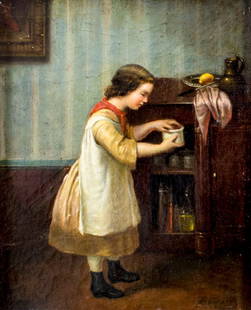 Antique 19C European oil painting signed: ARTIST: - (Europe, 19 century) NAME: Girl at Cupboard MEDIUM: oil on canvas CONDITION: Relined. Missing a few flakes of paint. Some craquelure. No visible inpaint under UV light. SIGHT S