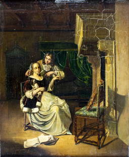 Antique 19C European oil painting: ARTIST: - (Europe, 19 century) TITLE: The Unmusical Little Dog MEDIUM: oil on board CONDITION: Some paint losses mostly along edges. Some craquelure. Some scattered inpain
