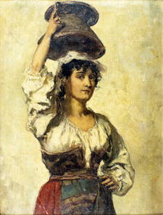 Hermann Effenberger (German,1842-1911) oil painting antique: ARTIST: Hermann Effenberger (Germany, 1842 - 1911) TITLE: Peasant Woman with Jug MEDIUM: oil on canvas. Canvas applied to board. CONDITION: Some small scratches/paint loss