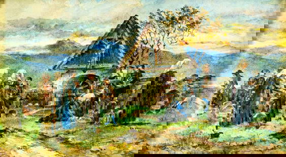Purdy (Europe,early 20C) watercolor painting antique: ARTIST: Purdy (European, early 20 century) TITLE: Cemetery Scene MEDIUM: watercolor on paper CONDITION: Overall good. Some damages to frame. ART SIZE: 9