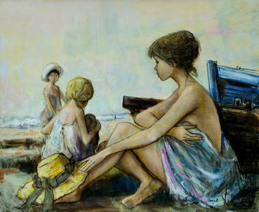 Jacques Lalande (French,1921-2003) oil painting: ARTIST: Jacques Lalande (France, 1921 - 2003) TITLE: Beach Scene MEDIUM: oil on canvas CONDITION: Unstretched (In-House stretching available). Few minor scratches/paint lo