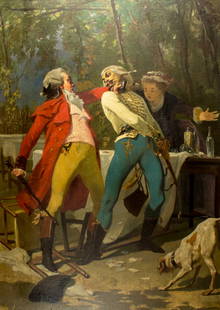 Pierre Eugene Giraud (French,1806-1881) oil painting antique: ARTIST: Pierre Francois Eugene Giraud (France, 1806 - 1881) NAME: Quarrel over Cards MEDIUM: oil on canvas. Canvas applied to board. CONDITION: One scratch. Some craquelure. SIGHT SIZE: