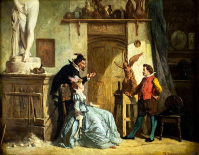 Victor Nehlig (NY,French,1830-1909) oil painting antique: ARTIST: Victor Nehlig (New York, France, 1830 - 1909) TITLE: Artists Studio Scene MEDIUM: oil on board CONDITION: Few minor paint losses mostly along the upper edge. Some