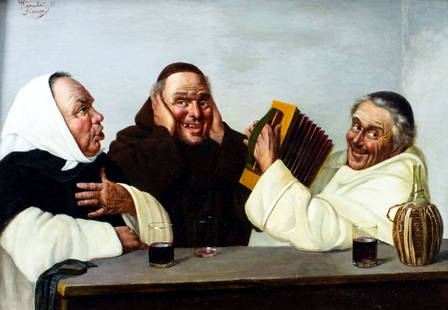 Claudio Rinaldi (Italy,1852-1909) oil painting antique: ARTIST: Claudio Rinaldi (Italian, 1852 - after 1909) TITLE: Merrymaking YEAR: 1889 MEDIUM: oil on canvas CONDITION: Relined. Some tears repaired with c