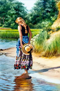 Vonnie Whitworth (VA,b 1945) watercolor painting: ARTIST: Vonnie Whitworth (Virginia, born 1945) TITLE: Woman at Riverbank MEDIUM: watercolor on paper CONDITION: Very good. Framed under glass. ART SIZE: