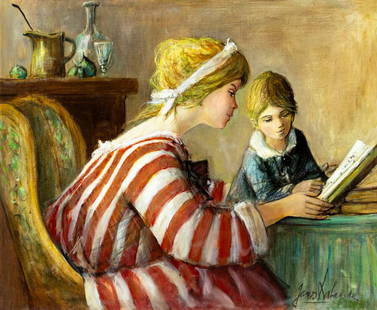 Jacques Lalande (French,1921-2003) oil painting: ARTIST: Jacques Lalande (France, 1921 - 2003) TITLE: Mother and Girl Reading MEDIUM: oil on canvas CONDITION: Unstretched (In-House stretching available). Overall good. No