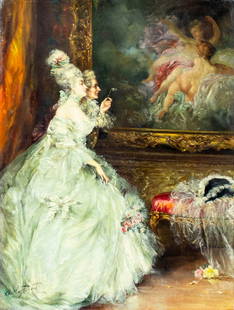Charles Peyret (France,19/20C) oil painting antique: ARTIST: Charles Peyret (French, 19/20 centuries) TITLE: Couple Watching a Painting MEDIUM: oil on canvas CONDITION: Few minor paint losses. Some craquelure. No visible inpai