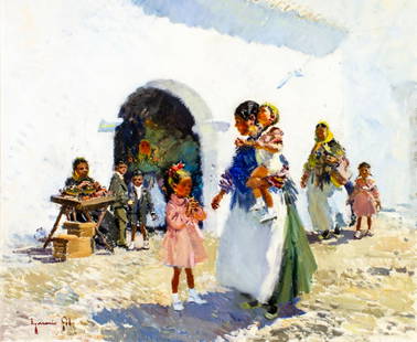 Ignacio Gil Y Sala (Spain,1913-2003) oil painting: ARTIST: Ignacio Gil Y Sala (Spanish, 1913 - 2003) TITLE: Mother and Children MEDIUM: oil on canvas CONDITION: Very good. No visible inpaint under UV light. ART