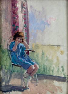 Harry John Pearson (UK,1872-1933) oil painting antique: ARTIST: Harry John Pearson (United Kingdom, 1872 - 1933) TITLE: Girl on Chair MEDIUM: oil on board CONDITION: Missing a few flakes of paint. No visible inpaint under UV li