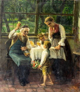 ATTR Gustav Igler (German,1842-1908) oil painting antique: ARTIST: ATTRIBUTED TO Gustav Karoly Igler (Germany, 1842 - 1908) TITLE: Family Scene MEDIUM: oil on board CONDITION: Some small scratches/paint losses. Some craquelure. So