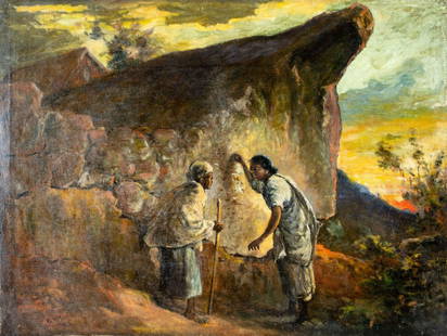 Gaston Rakotovao (French,1882-1941) oil painting antique: ARTIST: Gaston Rakotovao (France, 1882 - 1941) TITLE: The Soothesayer Rock MEDIUM: oil on canvas CONDITION: Relined. Few small scratches/paint losses mostly along edges. S