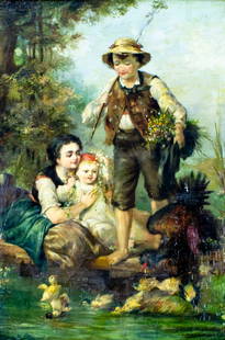 Antique 19C European oil painting: ARTIST: - (Europe, 19 century) TITLE: Family by the Pond MEDIUM: oil on canvas. Canvas applied to board. CONDITION: Some flaking/paint losses (see pictures carefully). Som