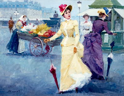 Luis Sagasta (Spain,1929-?) oil painting: ARTIST: Luis Arana Sagasta (Spanish, 1929 - ???) TITLE: Paris Street Scene with Flower Seller, France MEDIUM: oil on canvas CONDITION: Unstretched (In-House stretching ava