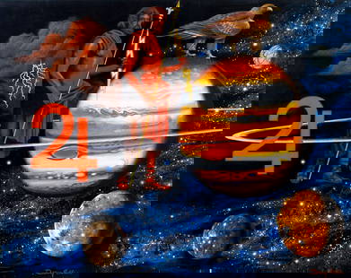 Dean Ellis (NY,1920-2009) oil painting: ARTIST: Dean Ellis (New York, 1920 - 2009) TITLE: Jupiter Same As Above (titled on verso) YEAR: 1994 MEDIUM: oil on board CONDITION: Very good. No visible inpaint under UV light. ART SIZE: 13 x 16