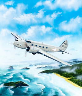 Steve Ferguson (US,b 1946) gouache painting: ARTIST: Steve Ferguson (American, born 1946) TITLE: Model 247 Basic Boeing (titled on verso) YEAR: 2005 MEDIUM: gouache on board CONDITION: Very good. No