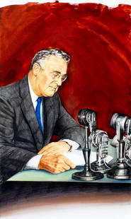 Paul Calle (CT,NY,1928-2010) mixed media painting: ARTIST: Paul Calle (Connecticut, New York, 1928 - 2010) & Chris Calle (American, born 1961) TITLE: 1930s - Franklin Roosevelts Fireside Chat (titled on verso) YEAR: 1998 MEDIUM:
