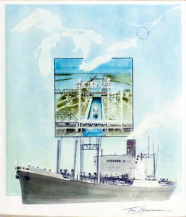 Tom Bjarnason (Canada,1925-2009) colored pencil painting: ARTIST: Tom Bjarnason (Canadian, 1925 - 2009) TITLE: St Lawrence Seaway (titled on verso) YEAR: 1984 MEDIUM: colored pencil on paper. Paper applied to board. CO