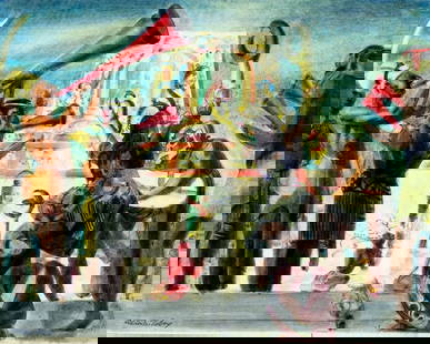 Alton Tobey (CT,1914-2005) watercolor painting: ARTIST: Alton Stanley Tobey (Connecticut, 1914 - 2005) TITLE: Incas Ceremony MEDIUM: watercolor on paper CONDITION: Overall good. Normal wear along edges. Some staining to