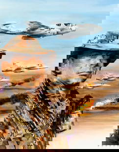 Paul Calle (CT,NY,1928-2010) colored pencil painting: ARTIST: Paul Calle (Connecticut, New York, 1928 - 2010) & Chris Calle (American, born 1961) TITLE: 1990s - Gulf War (titled on verso) YEAR: 2000 MEDIUM: colored pencil on board CONDITION: Very