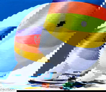 Ron Fletcher (ME,20C) oil painting: ARTIST: Ron Fletcher (Maine, 20 century) TITLE: Yachting in Australia (titled on verso) YEAR: 1981 MEDIUM: oil on canvas board CONDITION: Minor damages to corners. Few very minor paint losses. No