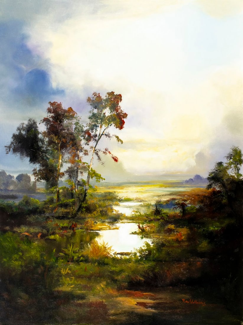 Ron Williams (TN,1947-2016) oil painting: ARTIST: Ron Williams (Tennessee, 1947 - 2016) TITLE: Sunset Countryside Landscape MEDIUM: oil on canvas CONDITION: Overall good. No visible inpaint under UV light. Normal