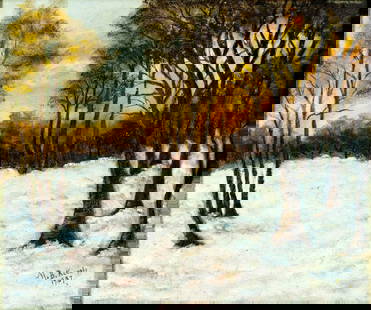 M B Kennedy (US,mid 20C) oil painting antique: ARTIST: M B Kennedy (American, mid 20 century) TITLE: Wood in Winter (titled on verso) YEAR: 1937 MEDIUM: oil on canvas. Canvas applied to board. CONDITION:
