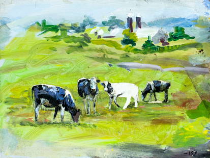 John Reilly (NY,NJ,1942-2021) oil painting: ARTIST: John Reilly (New York, New Jersey, 1942 - 2021) TITLE: Farm Landscape with Cows MEDIUM: oil on board CONDITION: Minor damages to the upper corners. Some scratches/