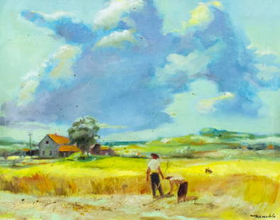 Vintage 20C American oil painting signed: ARTIST: - (American, 20 century) TITLE: Farm Landscape MEDIUM: oil on canvas. Canvas applied to board. CONDITION: One scratch by the right edge. Some brown spots. No visib