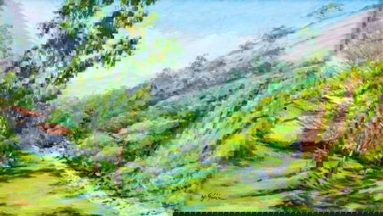 G Gomez (South America,20C) oil painting: ARTIST: G Gomez (South American, 20 century) TITLE: Paisage de Los Andes (titled on verso) MEDIUM: oil on canvas CONDITION: Very good. No visible inpaint under UV light. Wea