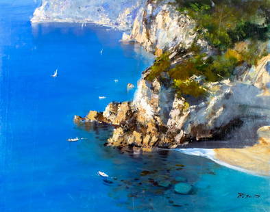 Raimondo Roberti (Italy,1947-?) oil painting: ARTIST: Raimondo Roberti (Italian, 1947 - ???) TITLE: Coastal Landscape with Boats MEDIUM: oil on canvas CONDITION: Unstretched (In-House stretching available). Few minor
